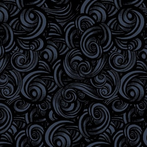 May include: Dark, swirling pattern with a repeating design of stylized, textured curls in shades of black and charcoal gray. The design has a hand-drawn appearance, creating a sense of depth and movement.