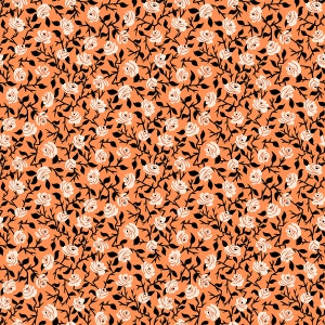 May include: A seamless pattern featuring white roses with black stems and leaves on an orange background.