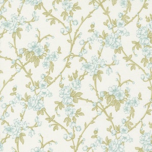 May include: A seamless pattern featuring delicate blue flowers and green leaves on a white background. The floral design is reminiscent of a vintage wallpaper.