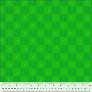 May include: A green and blue checkered fabric with a repeating pattern of small blue flowers. The fabric has a subtle texture and a slightly faded look.