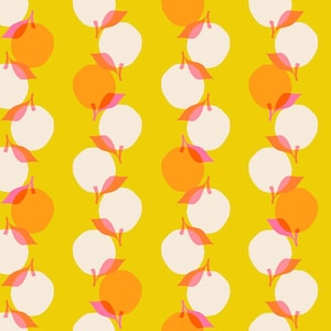 May include: A seamless pattern featuring alternating rows of white and orange circles with pink leaves on a yellow background.