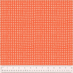 May include: Orange fabric with a white polka dot pattern. The fabric is a solid orange color with small white dots evenly spaced throughout.