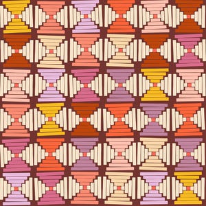 May include: A repeating pattern featuring geometric shapes in shades of orange, yellow, pink, and purple, set against a dark brown background. The design includes stacked rectangles and diamond-like formations.