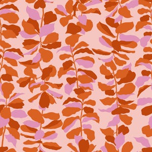 May include: A repeating pattern of stylized plant stems and leaves in shades of orange, rust, and pink against a light pink background. The leaves are large and rounded, creating a bold, graphic design suitable for fabric or wallpaper.