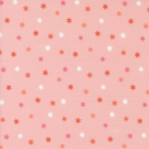 May include: A pink fabric with a repeating pattern of white, orange, and pink stars.