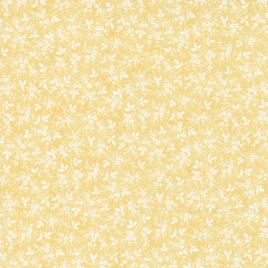 May include: A seamless pattern of small white flowers and leaves on a pale yellow background.
