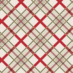 May include: A repeating pattern featuring a cream-colored background with a red plaid design. The plaid includes green, tan, and black stripes, creating a festive and classic look. The pattern is suitable for various applications.