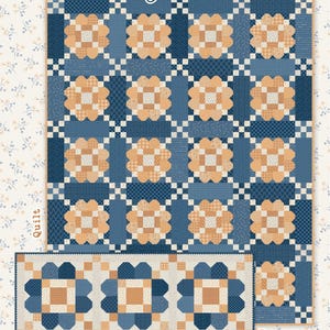 May include: A quilt and runner set titled Daisy Chain designed by Lori Holt for Bee in my Bonnet Co. The textile pieces feature a repeating floral block pattern in shades of navy blue, light blue, and tan, with small geometric fabric prints.