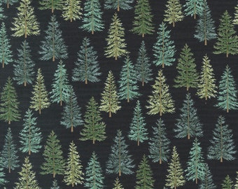 May include: A seamless pattern featuring a repeating design of stylized evergreen trees in shades of green and blue on a black background.