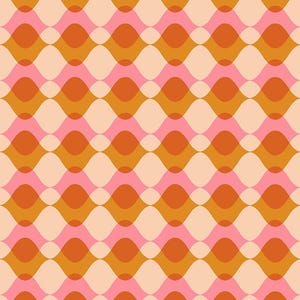 May include: Abstract pattern featuring overlapping wavy lines and circular shapes in shades of orange, pink, and peach. The design creates a retro, geometric aesthetic, suitable for fabric or wallpaper.