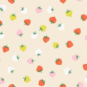 May include: A seamless pattern featuring a variety of colorful strawberries on a light beige background. The strawberries are red, yellow, pink, and white.