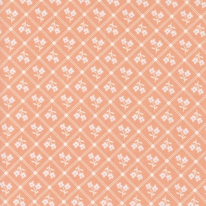 May include: A seamless pattern featuring a repeating design of small white flowers with stems on a peach background. The flowers are arranged in a grid pattern with a white diamond shape in the center of each square.