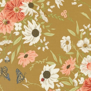 May include: A mustard yellow fabric with a repeating pattern of white and pink flowers, green leaves, and small red ladybugs. The fabric has a subtle texture.