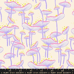 May include: A repeating pattern of stylized mushrooms in shades of lavender, pink, and yellow on a cream background. The mushroom caps are outlined in pink and have detailed lines. The text "RUBY STAR SOCIETY" is at the bottom.