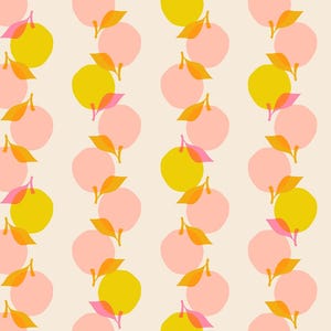 May include: A seamless pattern featuring alternating rows of pink and yellow circles with pink leaves. The circles are arranged in a vertical line, creating a repeating pattern.