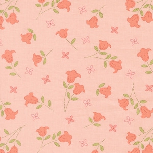 May include: A light pink fabric with a repeating pattern of coral-colored bell-shaped flowers and small pink cross-shaped flowers. The flowers and leaves are outlined with a dashed stitch in a darker coral color.