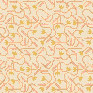 May include: A seamless pattern featuring a repeating design of stylized flowers with pink and gold stems and leaves on a light beige background.
