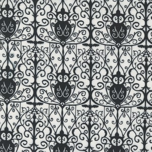 May include: Black and white repeating pattern featuring a gothic style design with intricate swirls and bats. The pattern is on a white background.