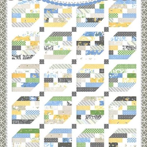 May include: A quilt pattern titled "#172 Crosswinds" by Coriander Quilts. The quilt design features geometric blocks in shades of blue, green, yellow, and gray. The blocks are arranged in a grid pattern against a white background, with a decorative border.