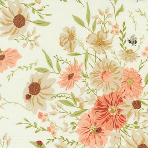 May include: A white background with a floral pattern featuring pink, peach, and beige flowers with green leaves. There are small red ladybugs scattered throughout the pattern.