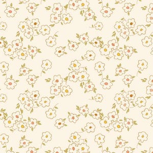 May include: A seamless pattern featuring delicate white flowers with pink centers on a light cream background. The flowers are arranged in a random pattern and are connected by thin green stems.