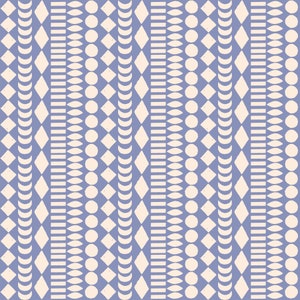 May include: A seamless pattern with a repeating geometric design. The pattern features white shapes on a light blue background. The shapes include diamonds, circles, ovals, and crescent moons.