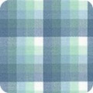 May include: Blue and green plaid fabric with a white stripe.