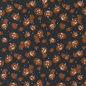 May include: A seamless pattern featuring orange jack-o'-lantern faces on a dark gray background. The jack-o'-lanterns are scattered randomly and have white eyes and mouths.