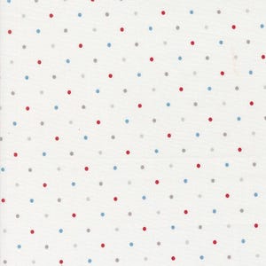 May include: White fabric with a repeating pattern of small red, gray, and blue dots.