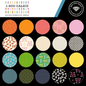 May include: A collection of twenty circular fabric swatches featuring various patterns including checkered, polka dot, floral, and animal prints in orange, pink, green, yellow, blue, and black. The top includes the text 1-800-CALICO and ALEXIA MARCELLE ABEGG.