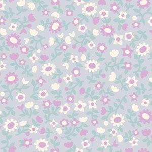 May include: A seamless pattern featuring a variety of pastel-colored flowers and leaves on a light blue background. The flowers are in shades of pink, white, and cream, and the leaves are a light green.