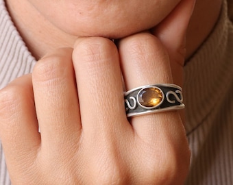 Natural Citrine Ring, sterling silver ring, decorative citrine ring, genuine citrine ring, filigree 925 silver ring, decorated band, for her