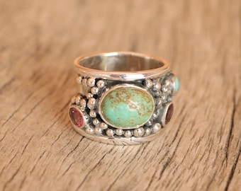 Turquoise and pink tourmaline ring, multi stone ring, wide band ring, sterling silver ring, turquoise jewelry, gift for her