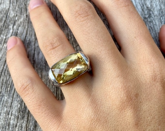 Citrine ring, faceted quartz gemstone, solitaire ring, silver band ring, US size 6 3/4, 925 silver