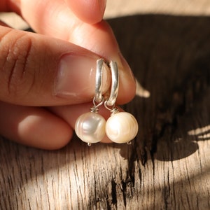 Pearl hoop earrings, pearl earrings, minimalist jewelry, small silver hoops, summer earrings, pearl jewelry, dainty earrings image 7