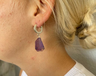 Cerceaux en argent sterling de 15 mm, gros cerceaux en argent, cerceaux d'amétrine, boucles d'oreilles en pierre violette, boucles d'oreilles en argent, boucles d'oreilles pendantes