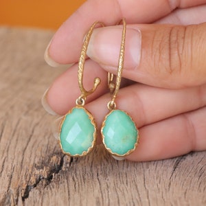 Chrysoprase hoop earrings, sterling silver hoop gemstone earrings, gold hoops, green stone earrings, drop earrings, chrysoprase jewelry image 5