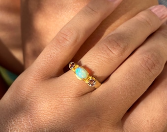 Gold opal ring gold, opal jewelry, three gem ring, tourmaline ring gold, dainty opal ring, anniversary gift