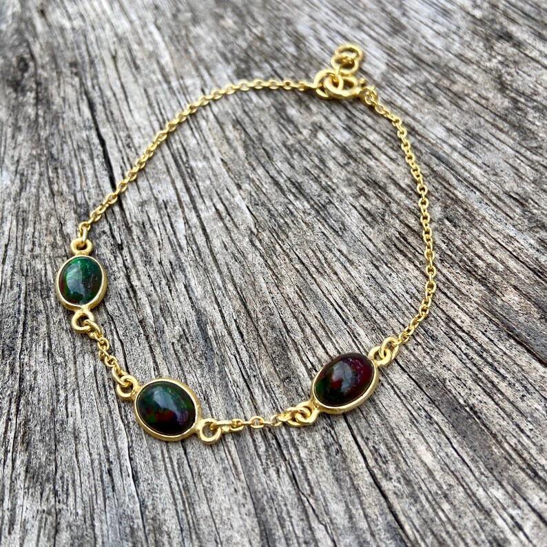 Black ethiopian welo opal bracelet, 3 stone chain bracelet image 8