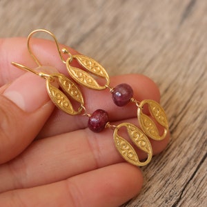 Ruby gold earrings, gold dangle earrings, ruby jewelry, gold drop earrings, womens earrings, hook earrings, decorated earrings image 2