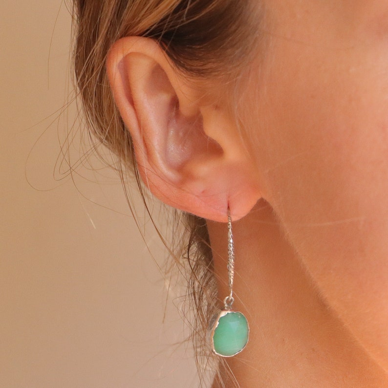 Chrysoprase hoop earrings, sterling silver hoop gemstone earrings, gold hoops, green stone earrings, drop earrings, chrysoprase jewelry image 1