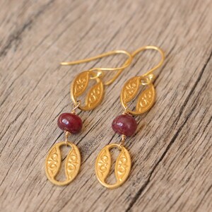 Ruby gold earrings, gold dangle earrings, ruby jewelry, gold drop earrings, womens earrings, hook earrings, decorated earrings image 5