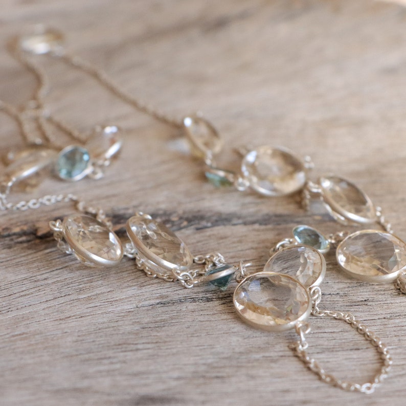 Rock crystal and aquamarine necklace, sterling silver chain necklace, double wrap necklace, multi stone necklace, faceted gemstone necklace image 4