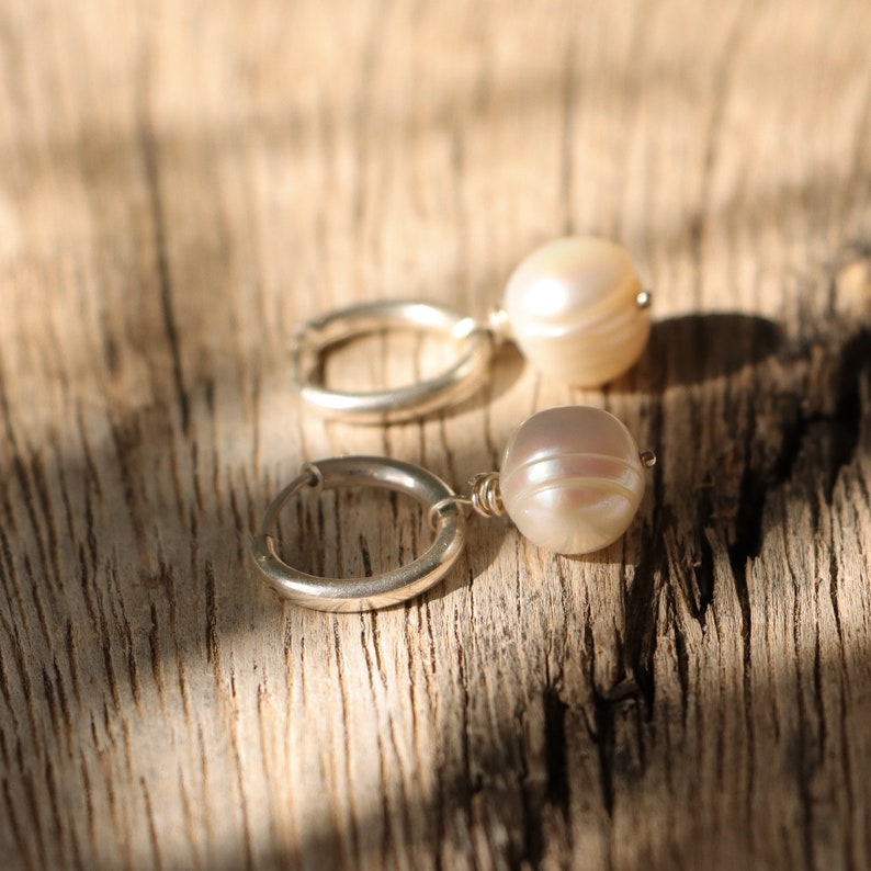 Pearl hoop earrings, pearl earrings, minimalist jewelry, small silver hoops, summer earrings, pearl jewelry, dainty earrings image 6