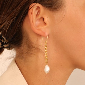Pearl gold earrings, long pearl earrings, gold chain earrings, dangle earrings, elegant earrings, wedding earrings, bridal jewelry image 10