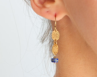 Lapis lazuli gold earrings, gold charm earrings, long gold earrings, bohemian earrings, gold dangle earrings