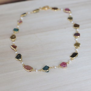 Pink tourmaline necklace, anniversary gift for her, rough tourmaline and pearl gold rosary handmade necklace