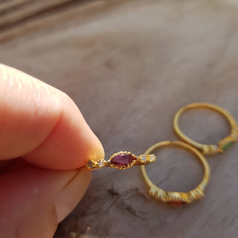 Dainty emerald ring garnet ring diamond ring pink tourmaline ring