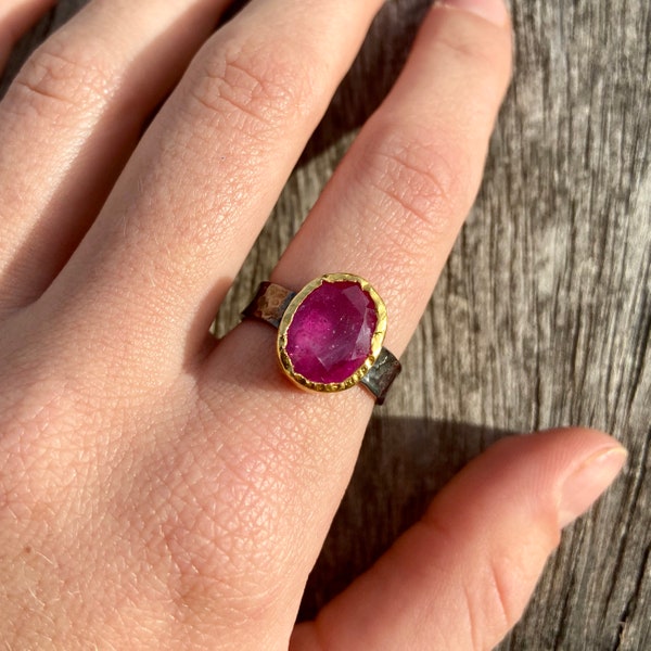 Anello rubino, anello rubino d'oro, anello di pietra rosa, anello rubino di vetro, taglia USA 6 3/4 e 7 1/4