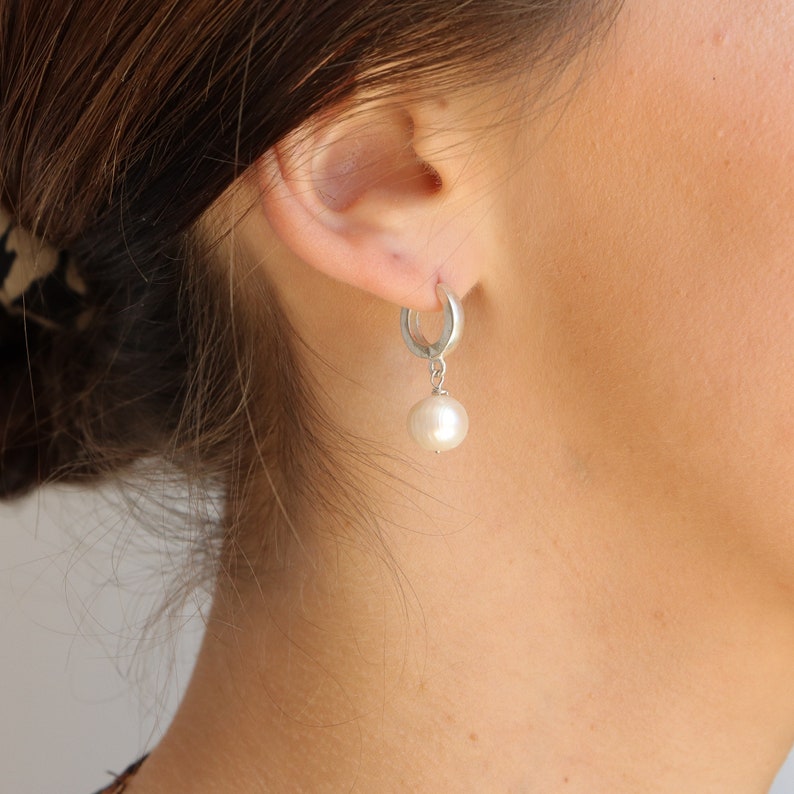 Pearl hoop earrings, pearl earrings, minimalist jewelry, small silver hoops, summer earrings, pearl jewelry, dainty earrings image 1